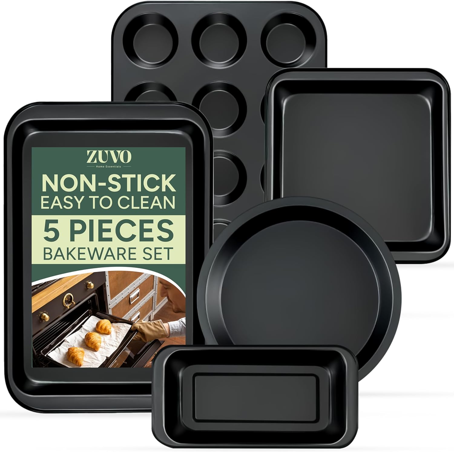 ZUVO 5 Piece Baking Set, Non-Stick Bakeware Set with Oven Baking Tray Muffin Cake Loaf pan and Cookie Sheet, Oven-Safe and Microwave Friendly Baking cookware Set, Black