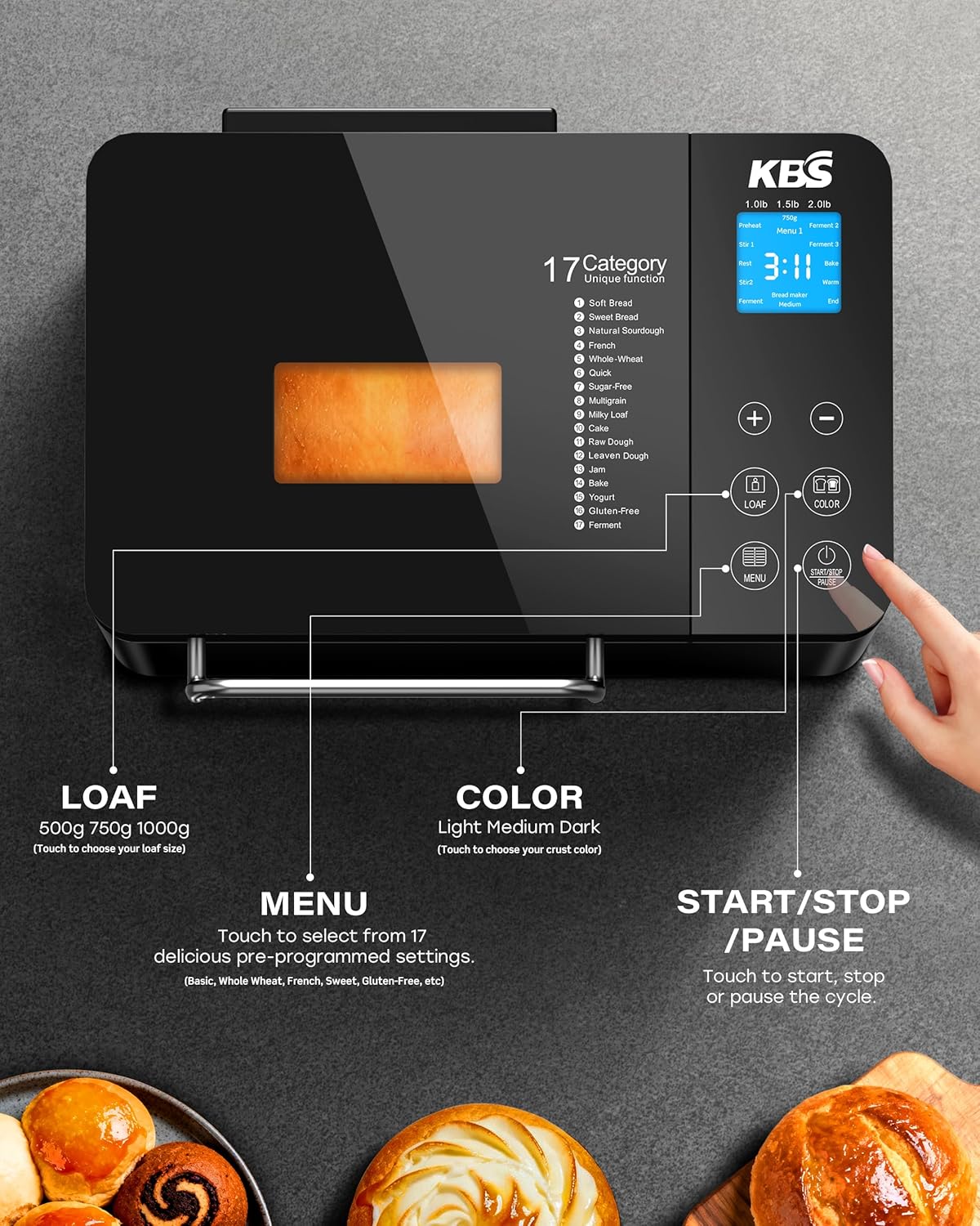 KBS 710W Convection Bread Maker Dual Heaters, 2LB 17-in-1 Automatic Bread Machine with Full Ceramic Pan, Fruit Dispenser, Glass Touch Panel, Black Stainless Steel, 15H Timer&Keep-Warm,Low-Noise,Recipe