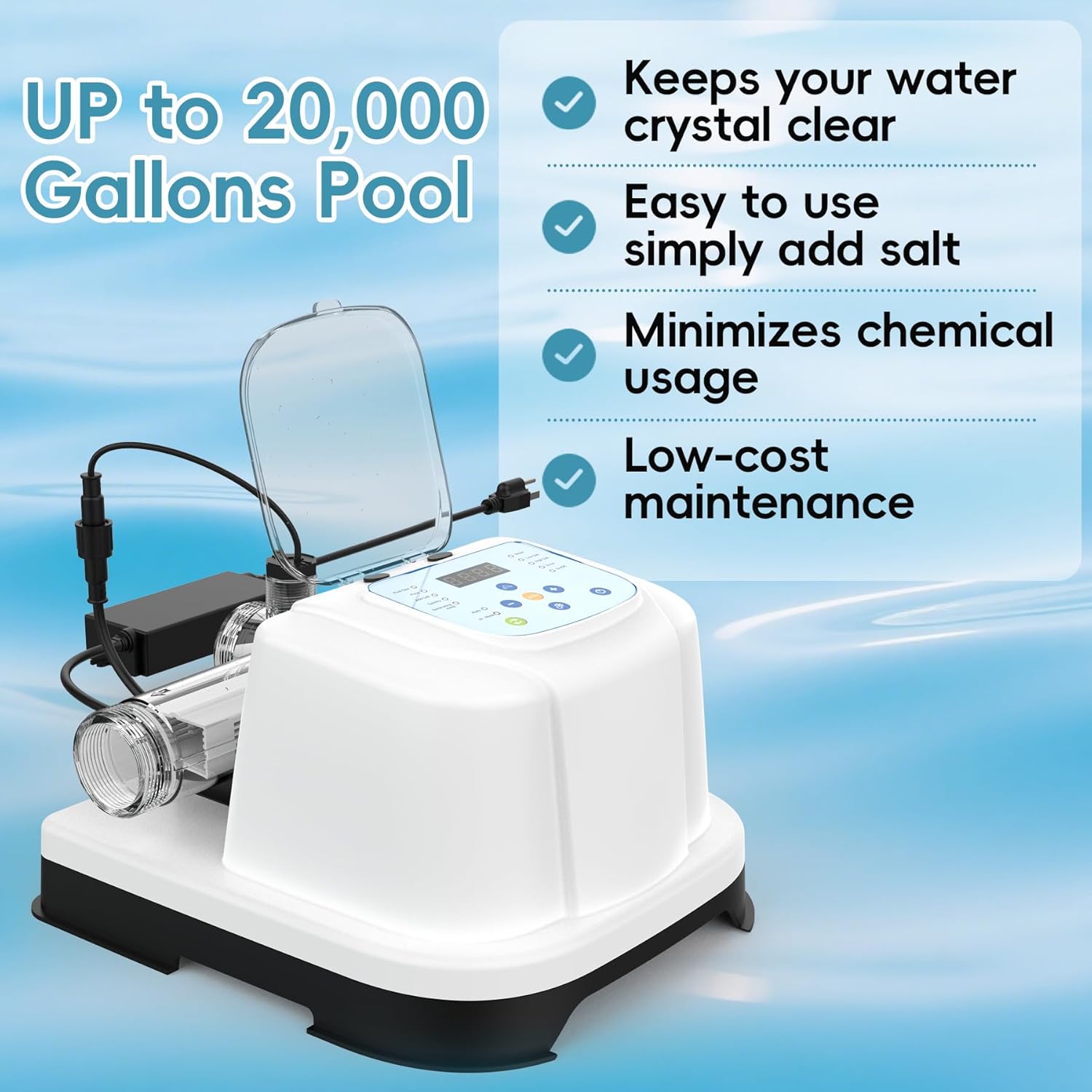 Saltwater Chlorinator for Above Ground Pools, Test Strip Included with Adapter,Salt Water Pool Chlorinator System, Self-Cleaning Saltwater Pool System for Pools up to 20000 Gallons