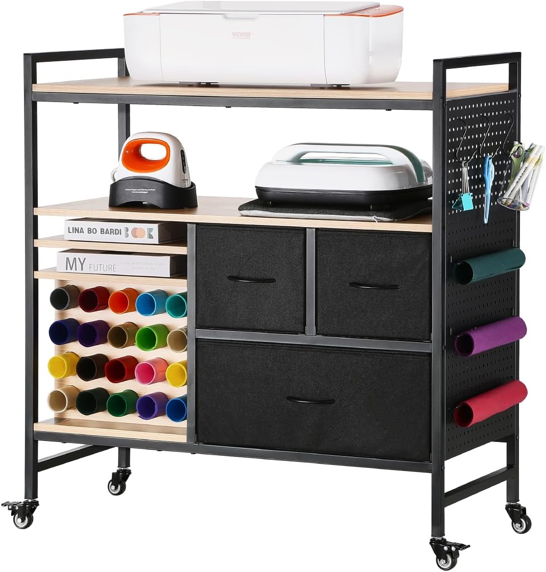 VEVOR Rolling Craft Cart and Storage Table, Compatible with Cricut Machines, Collapsible Cricut Table with Foldable Sides, Craft Rolling Storage Organizer with 16 Vinyl Roll Holders and 2 Drawers