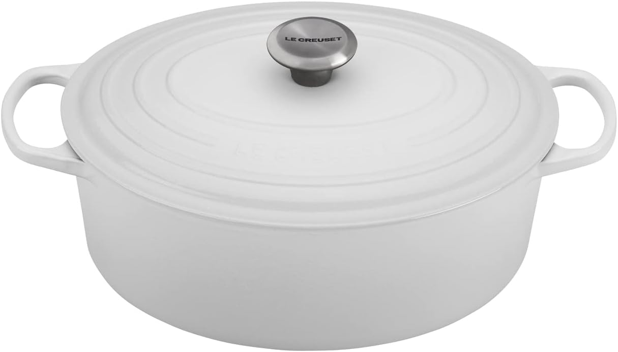 Le Creuset 9.5 qt. Signature Oval Dutch Oven w/Additional Engraved Personalized Stainless Steel Knob - White