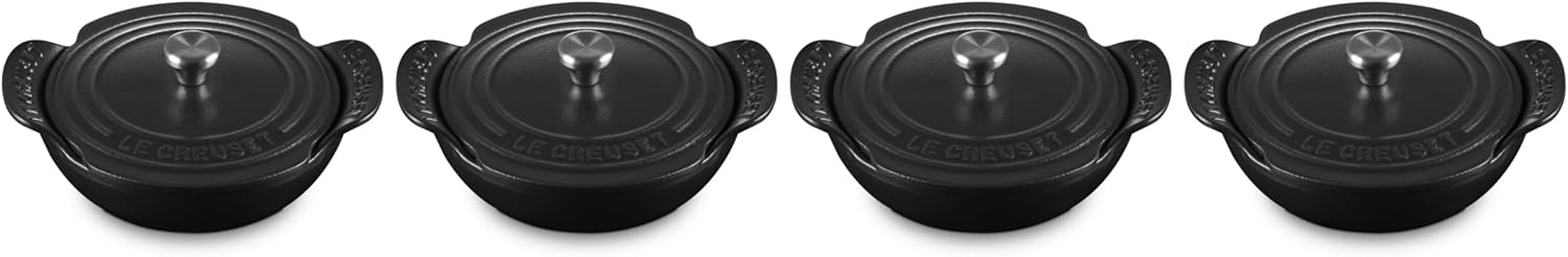 Le Creuset Enameled Cast Iron Gourmand Collection Set of 4 Mini Round Braiser, .3 qt., Matte Black w/Stainless Steel Knob