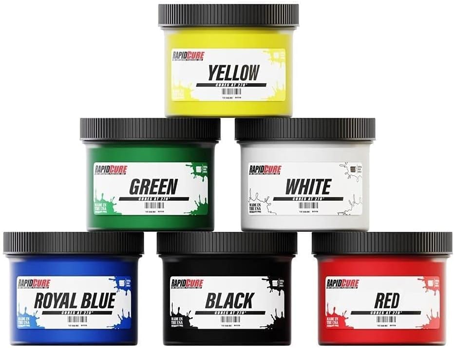 Screen Printing Ink Set - Rapid Cure® 6 Color Plastisol Ink for Screen Printing Fabric - Low Temperature Curing 8 oz. Plastisol Ink by Screen Print Direct® - Inks for Silk Screens and Mesh