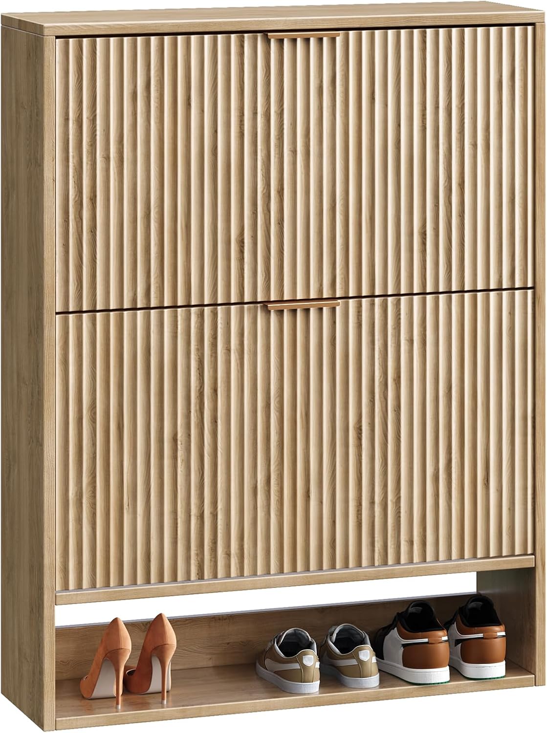 31.5''W Oak Shoe Storage Cabinet for Entryway with 2 Flip Drawers, Fluted Slim Shoe Cabinet, Free Standing Wooden Shoes Organizer for Foyer, Hallway