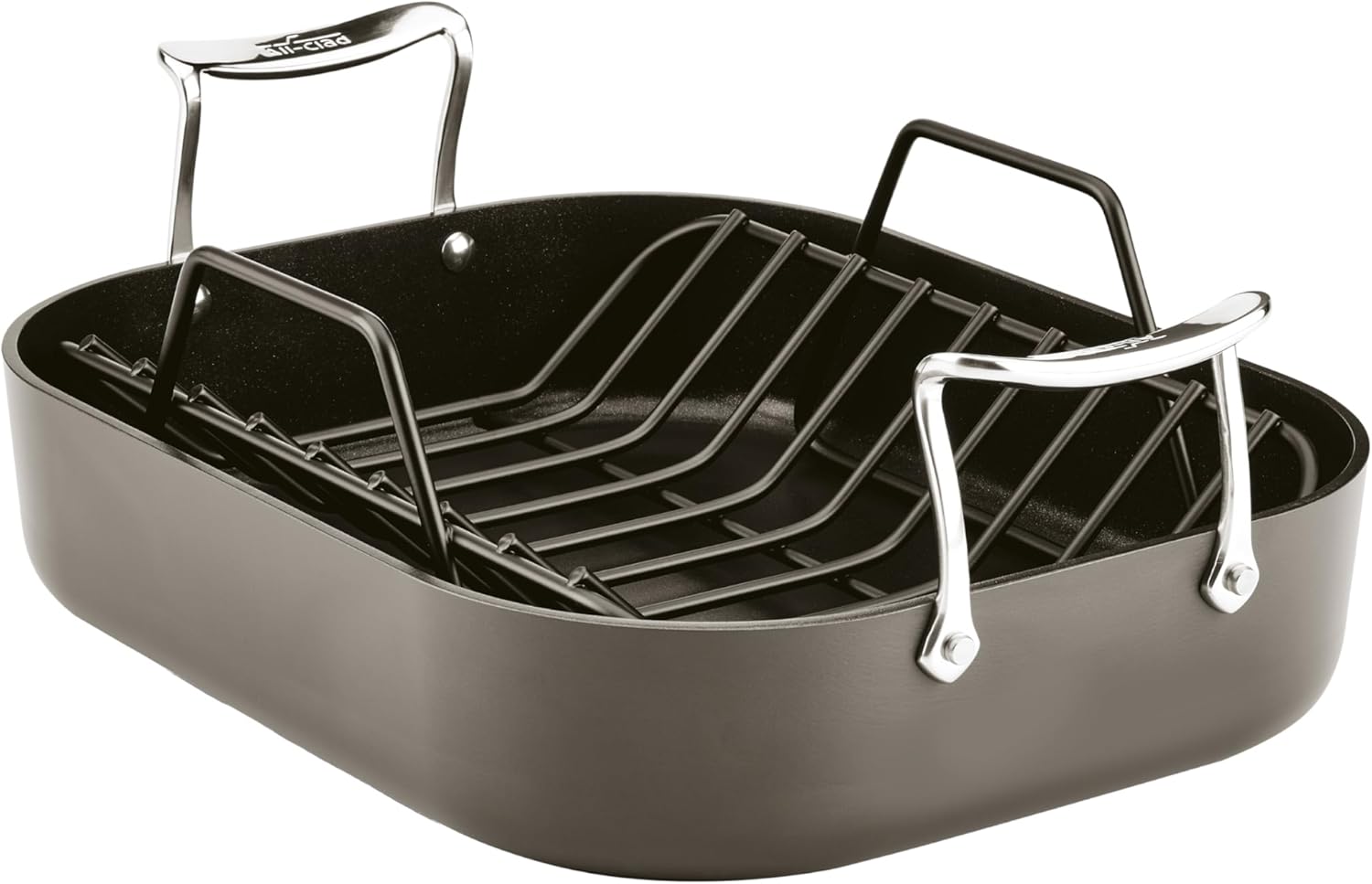 All-Clad Essentials Hard Anodized Nonstick Roaster with Rack 11x14 Inch Oven Broiler Safe 500F Roaster Pan, Pots and Pans, Cookware Black