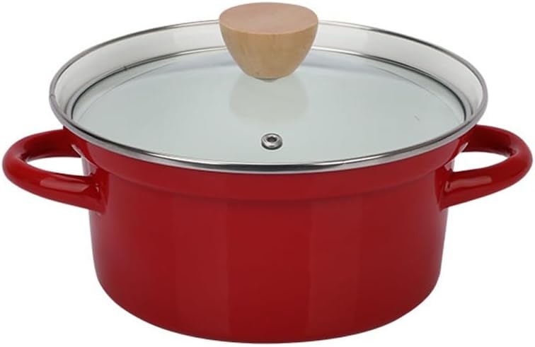Thickened Enamel Saucepan Enameled Porcelain Inside White Outside Red Stew Pot with Lid(22cm)