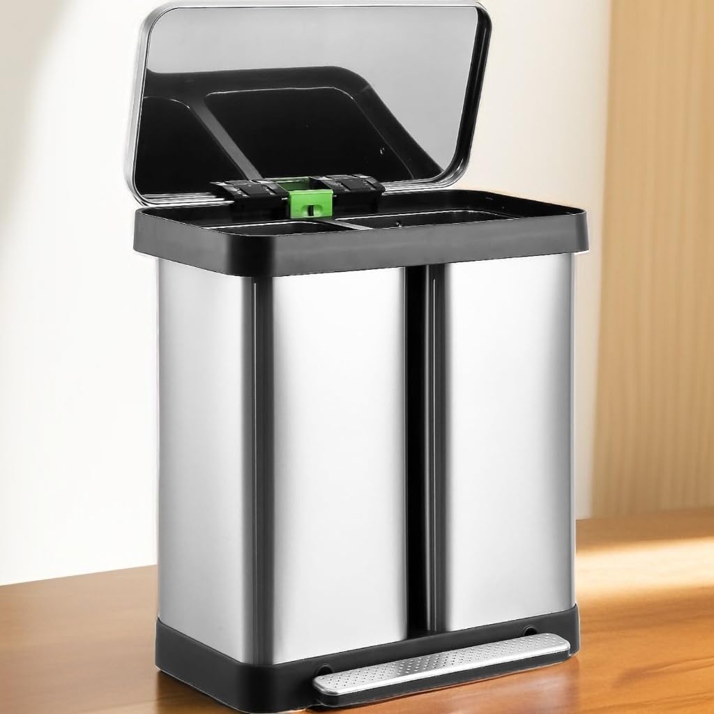19 gal Dual Trash Can,36 L+36 L Stainless Steel Two Compartment Garbage Can, Commercial Trash Can with Soft-Close Lid and Foot Pedal for Kitchen Office, Without Inner Bucket