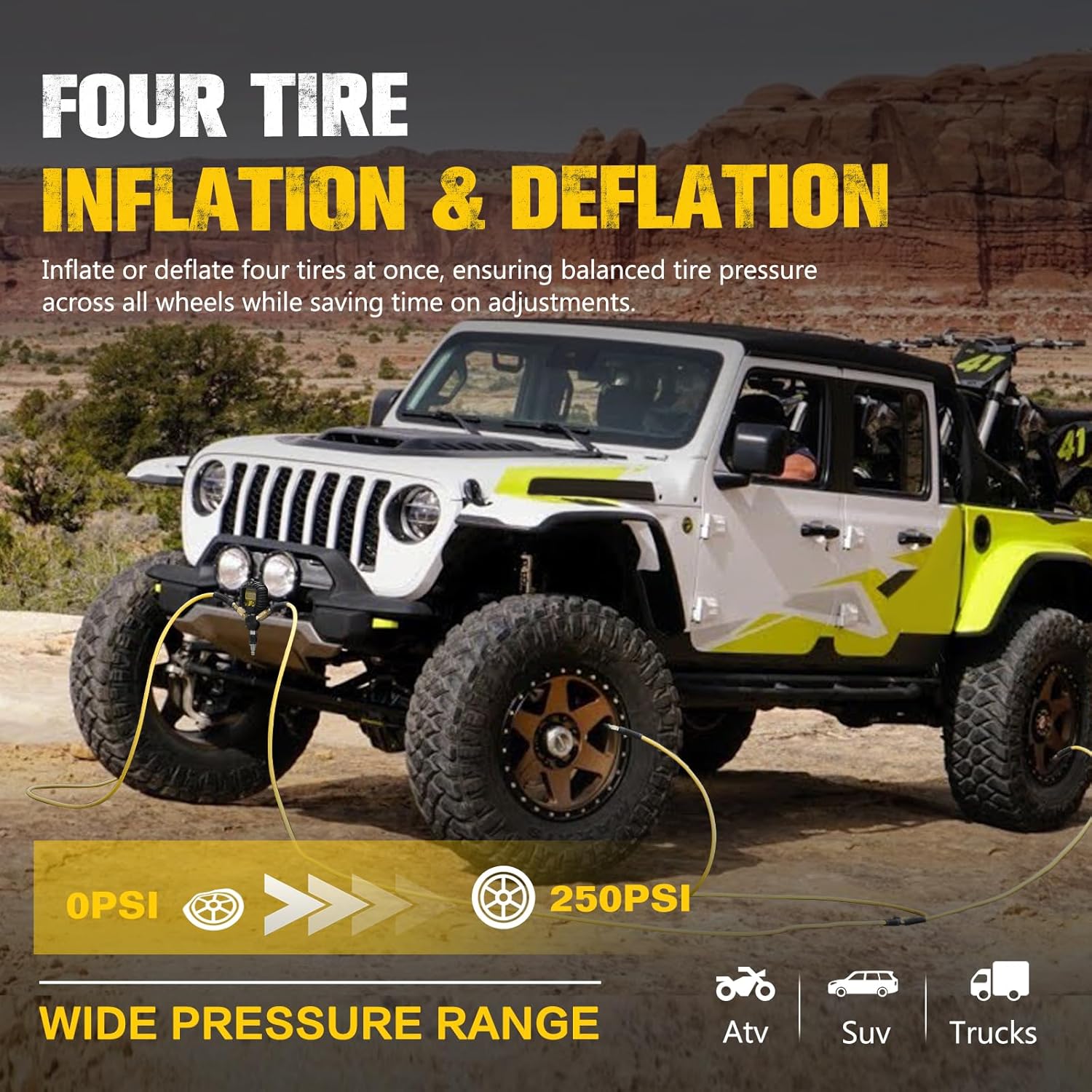 BUNKER INDUST 4 Tire Inflation Deflation System, Rapid High-Flow Air Up Down Kit with Digital Tire Pressure Gauge, 4 Wheels Off Road Tire Deflator Inflate-Up to 200