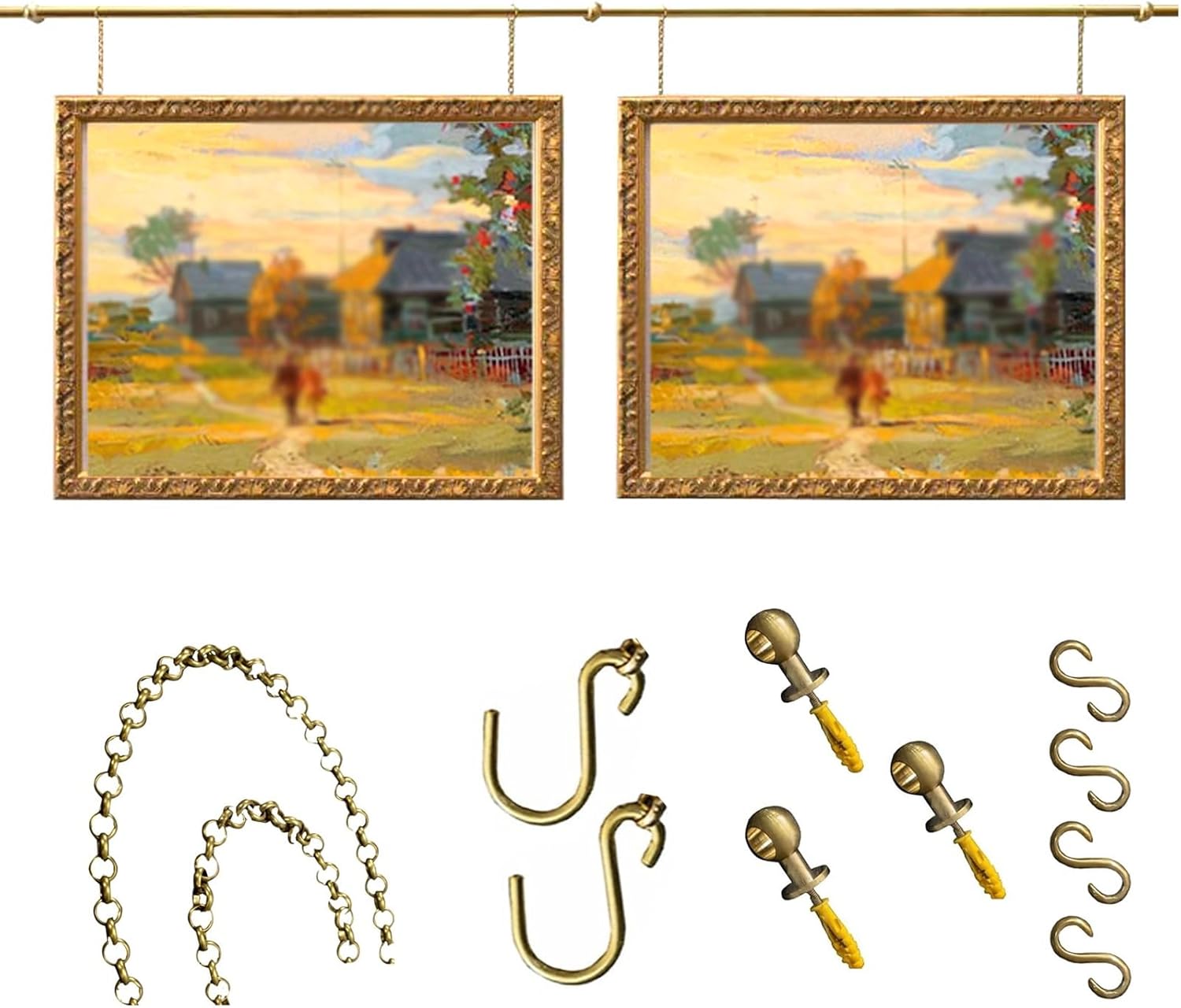 Picture Rail Hanging System Brass, Gold Metal Picture Hangers Wall, Gold Gallery, Medieval Style, for Canvas Prints Wall Art, Frames Display Set, Frames Display Gallery Set(110cm)