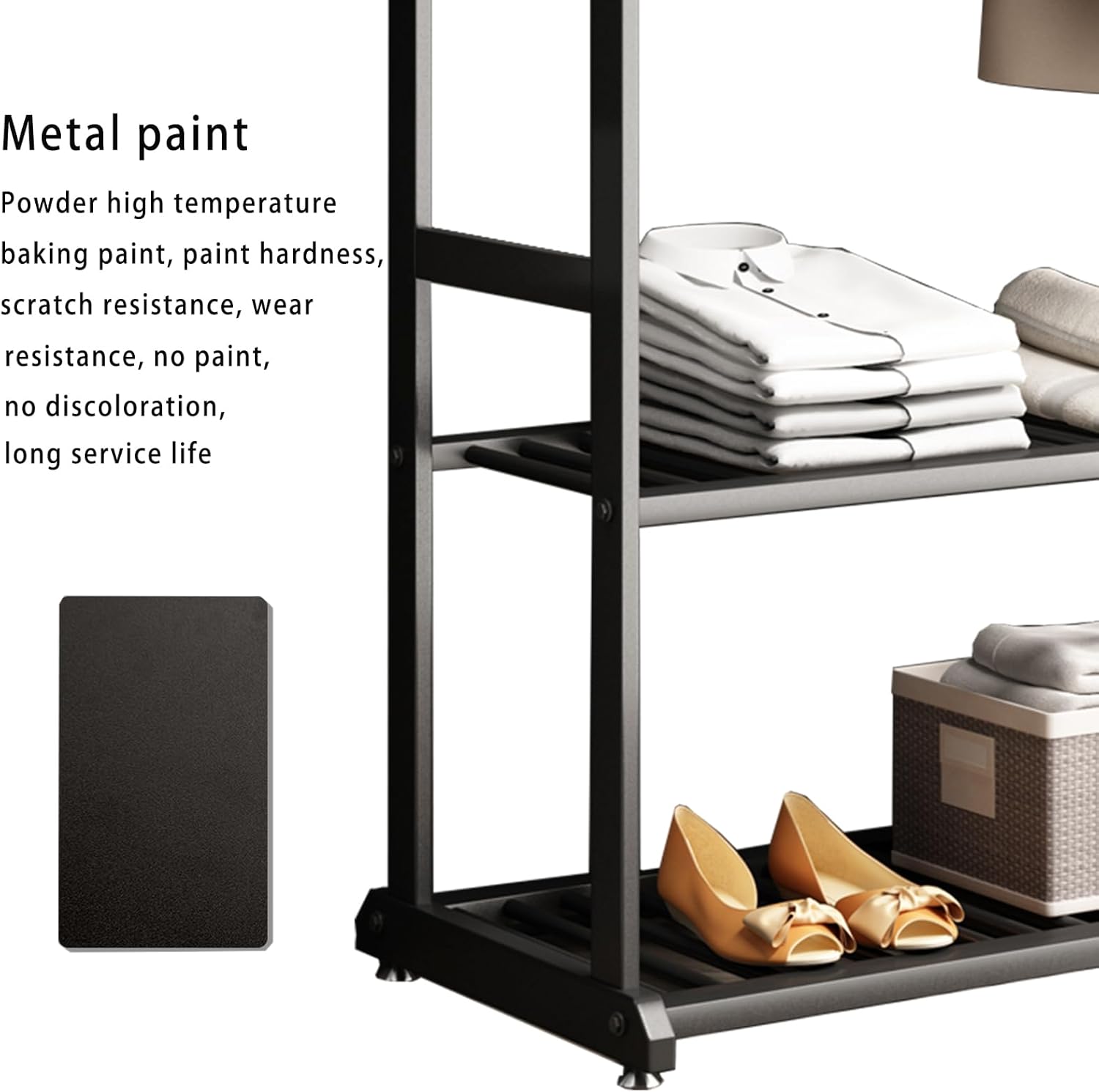 Heavy duty clothes rack,Metal Clothing rack for hanging clothes,garment rack with bottom shelves and 6 side hooks for bedroom cloakroom(black, L:39.4)