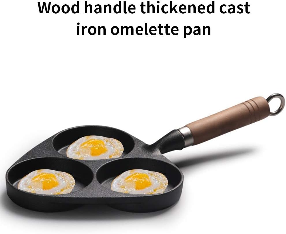 Pot, 3 Holes Egg Dumplings Omelette Pot Frying Pan Kitchen Cast Iron Thickened Mold Pancake Breakfast Wooden Handle