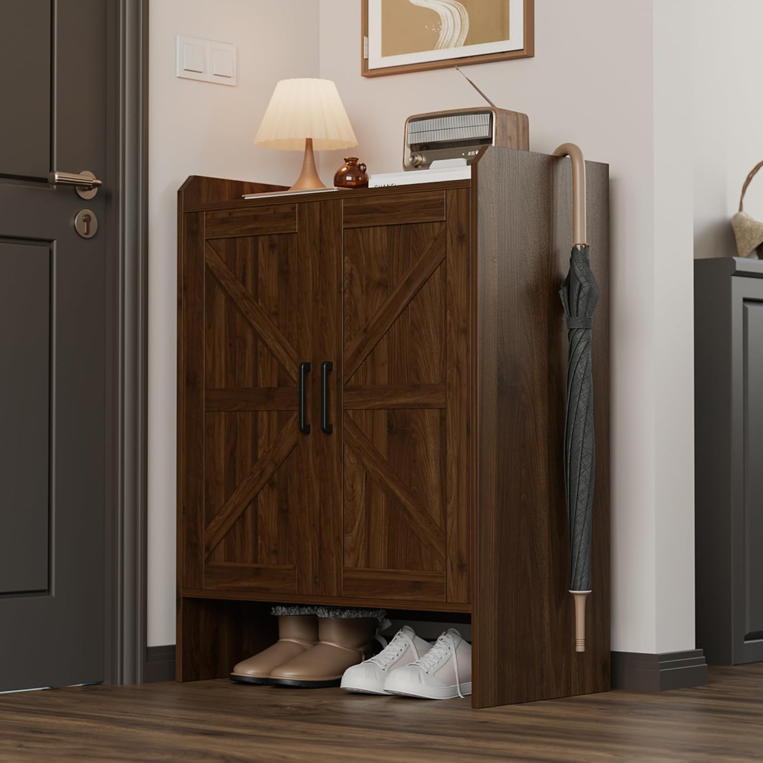 Farmhouse Shoe Cabinet with Doors, Modern Large 5-Tier Shoe Storage Cabinet with Adjustable Shelves, Wooden Shoe Organizer for Entryway, Hallway, Closet, Bedroom, Living Room (Walnut)