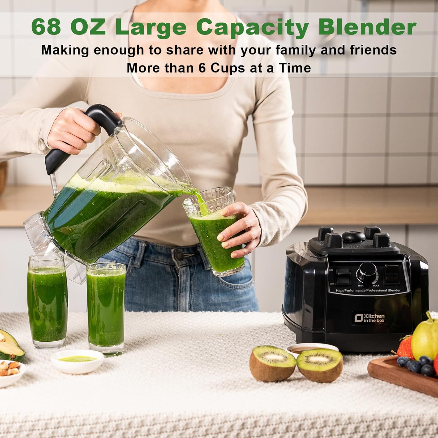 Kitchen in the box Blender 68 OZ - 1500 Watt Kitchen Smoothie Blenders Large Capacity, Professional Blender Making Frozen Drinks, Ice Crushing, Protein Shakes, BPA Free (Black)