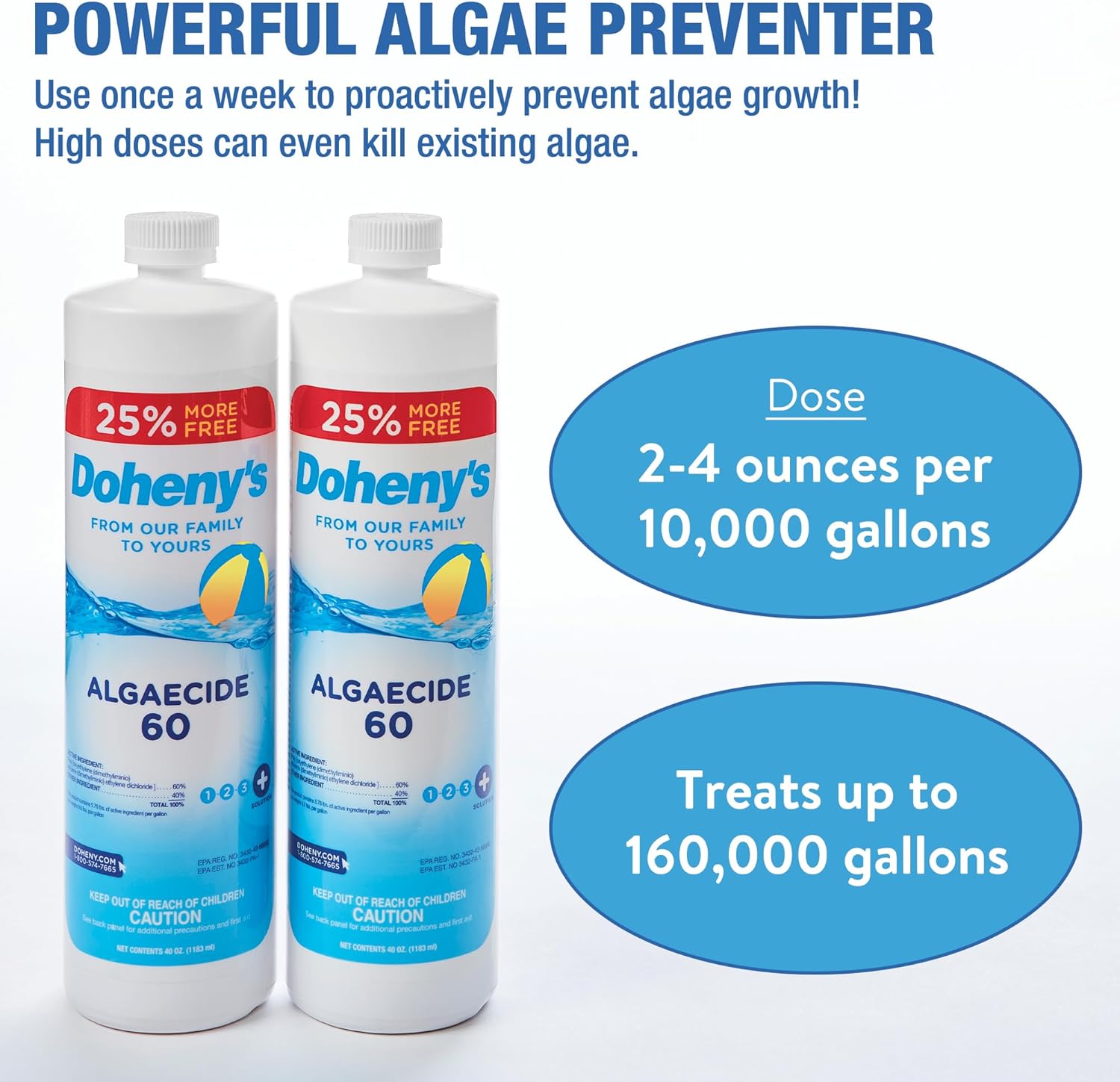 Doheny's Algaecide 60 | Pro-Grade, Metal-Free & Non-Foaming | Prevents All Algae Types | No Stains or Clouding | Safe for Salt, Chlorine & Bromine Pools | Treats 160,000 Gallons | 12 x 40oz (480oz)