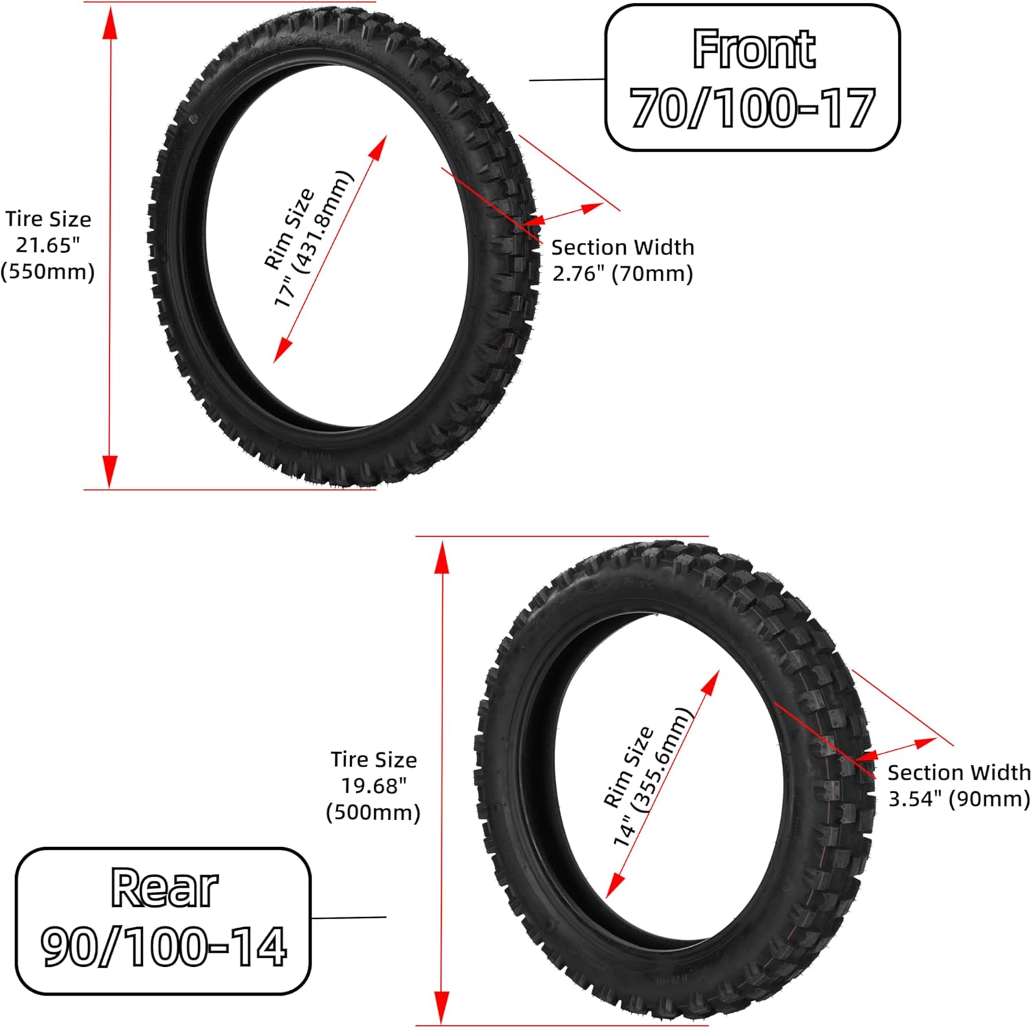 Front 70/100-17 and Rear 90/100-14 Tire and Inner Tube Sets for CR85R CRF80F CRF125F CRF150R 110cc 125cc 140cc QG-214 X-M125 All Dirt Pit Bikes 125cc up to 200cc Dirt Bike