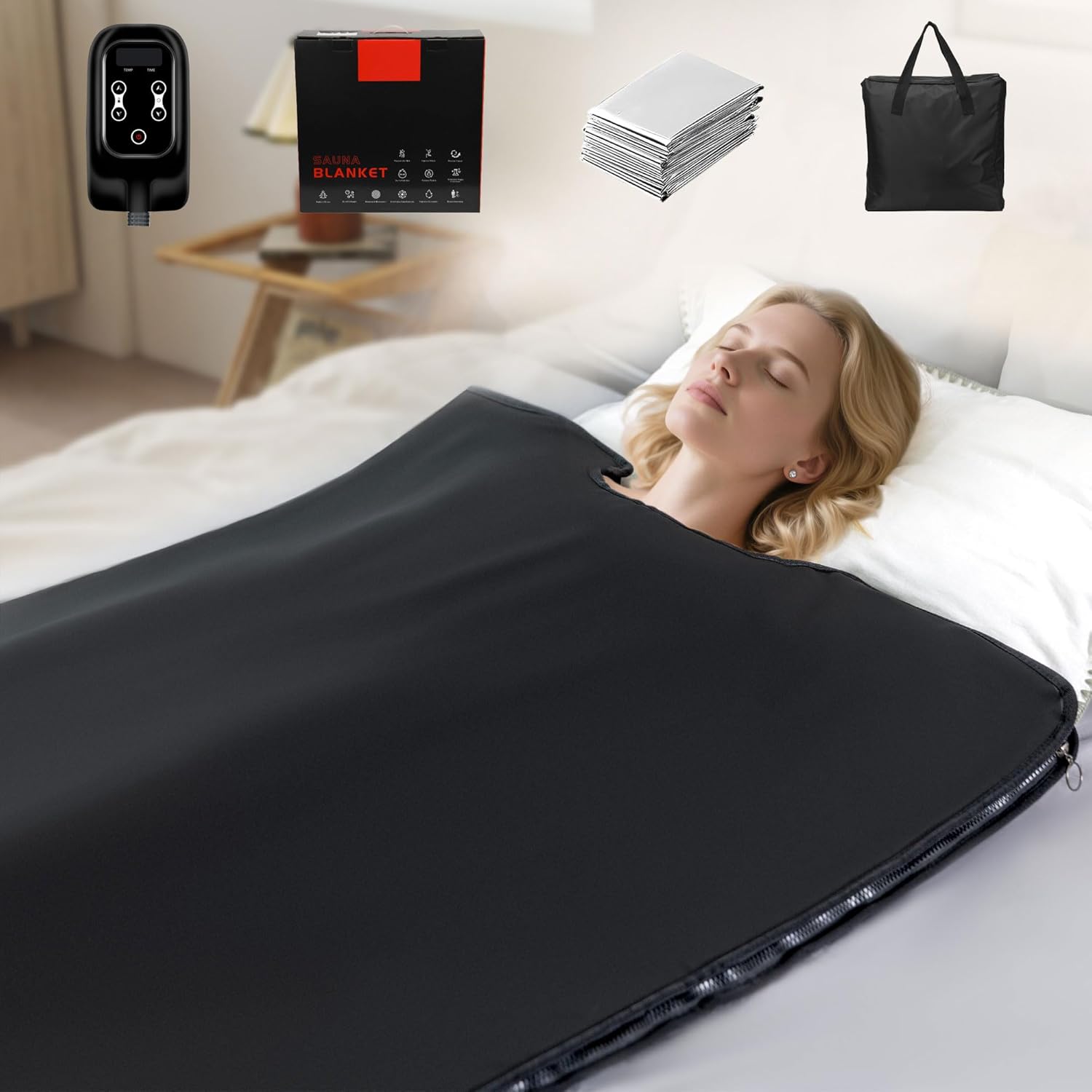 Far Infrared Sauna Blanket for Home – PU Leather Portable Sauna Bag Foldable Heating Wrap for Detox, Weight Loss, and Relaxation – Includes Remote & Carry Bag