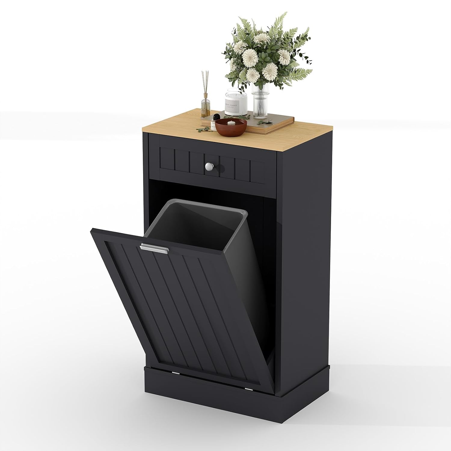 10 Gallons Tilt Out Trash Cabinet, Wood Garbage Recycling Cabinet with Hideaway Drawer, Freestanding Kitchen Trash Bin Cabinet, Pet Proof Trash Can Holder for Kitchen Living Room, Black