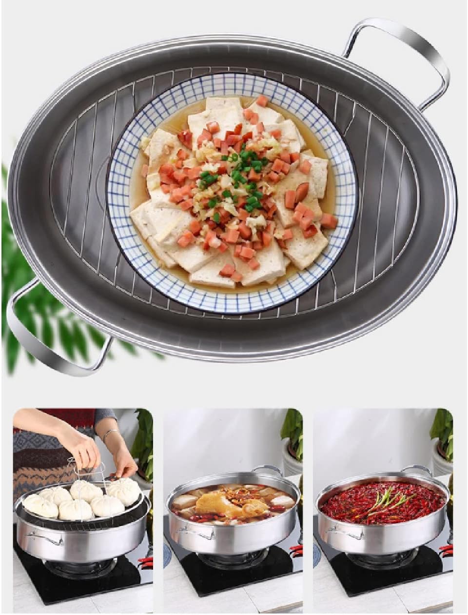 Stainless Steel Kitchen Fish Steamer Multi-Function Oval Steamer with Steaming Rack Large-Capacity Seafood Cooking Pot,D