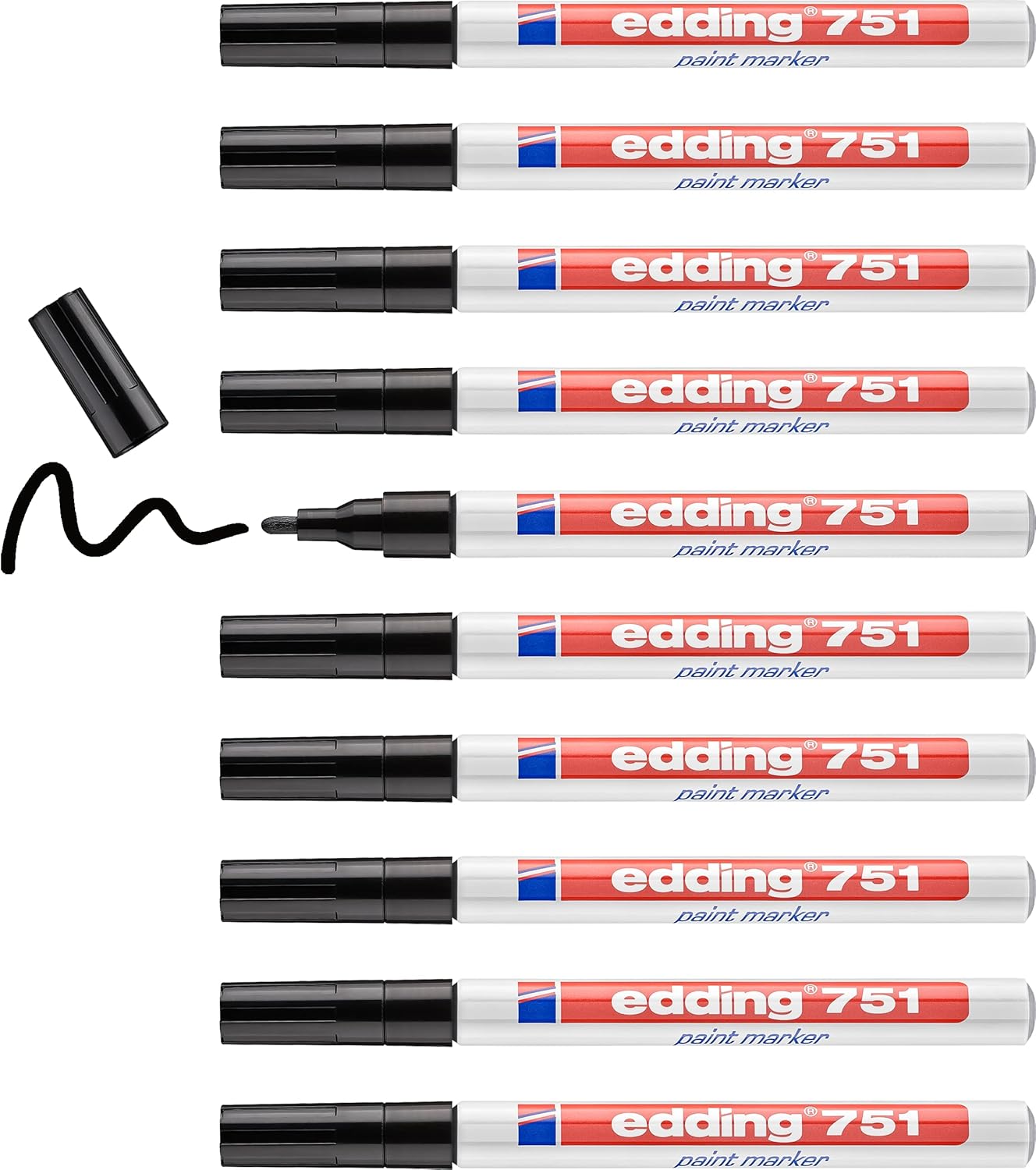 Edding 751 Paint Marker - Black - 10 Pens - Round Tip 1-2mm - Paint Marker for Labelling Metal, Glass, Rock or Plastic - Heat Resistant, Permanent and Waterproof