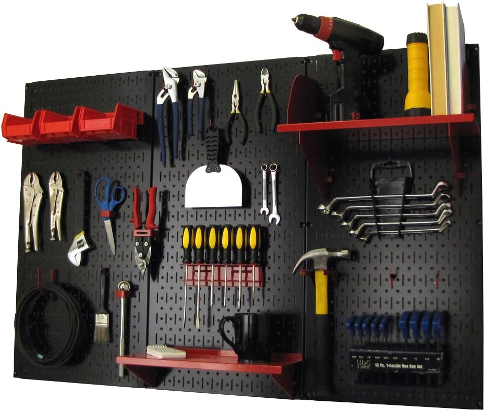 Wall Control Pegboard Organizer 4 ft. Metal Pegboard Standard Tool Storage Kit with Blue Toolboard and Red Accessories