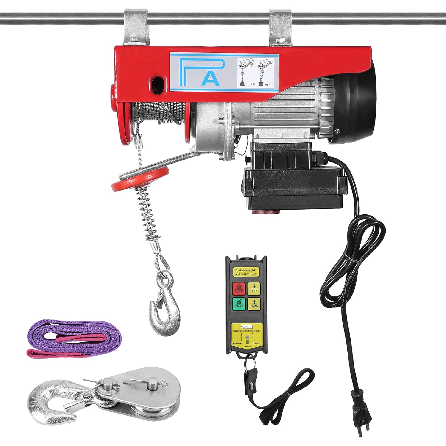 850LB Industrial Electric Hoist with Wireless Remote, 110v Overhead Crane Winch for Factories & Warehouses, Includes Lifting Slings & Safety Brake