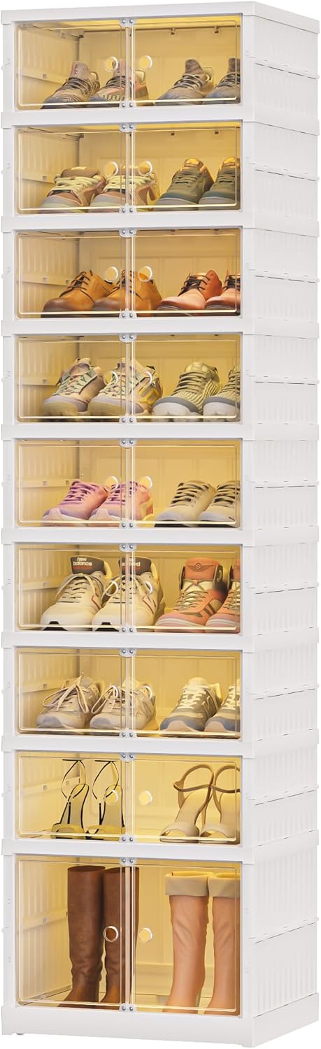 18 Pairs Portable Foldable Shoe Rack for Closet, Easily Assembled Clear Shoe Sneaker Storage Organizer Cabinet with Magnetic Door, Collapsible Closet Organizers and Storage, 9 Layers-18 Grids