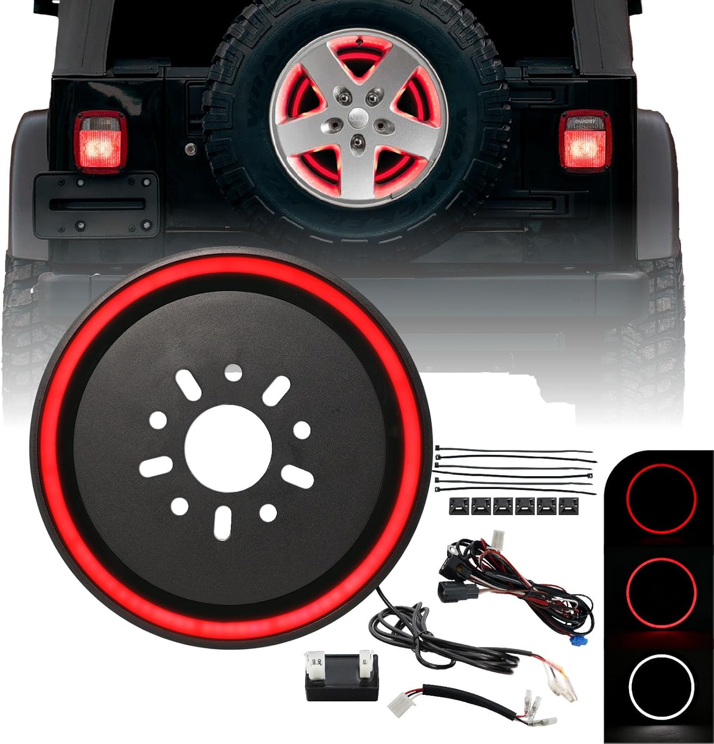 USR 97-06 TJ WRANGLER Spare Tire 3rd Third Brake Light SWITCHBACK Red/White LED HALO Ring Bar Tail Wheel Light Compatible with 1997-2006 Jeep Wrangler TJ (Module + Connectors, Running+Brake+Reverse)