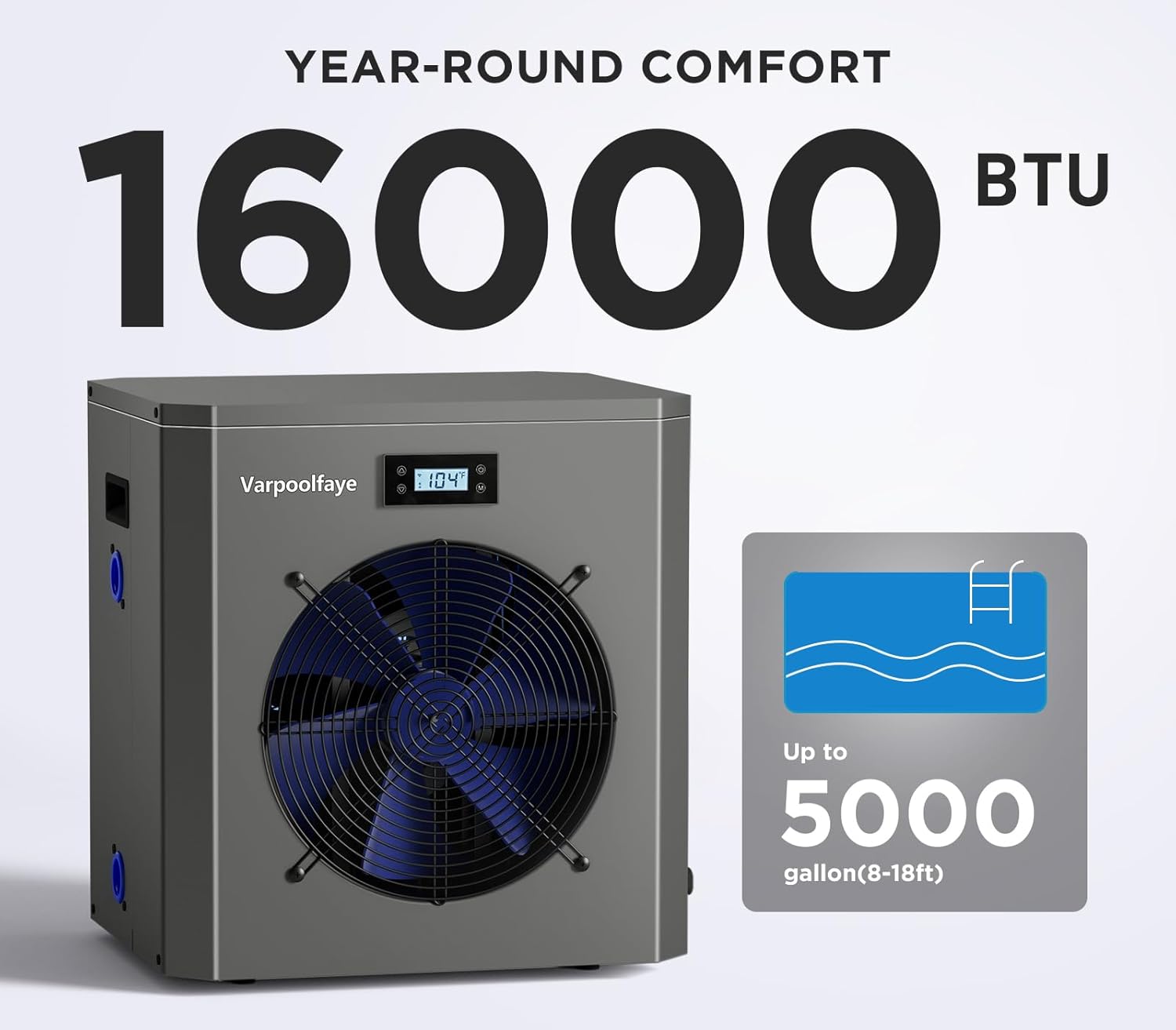 16000 BTU Electric Heat Pump Pool Heaters for Above Ground Pools WiFi Control 5000 Gallon Pool Heater 120v 60Hz