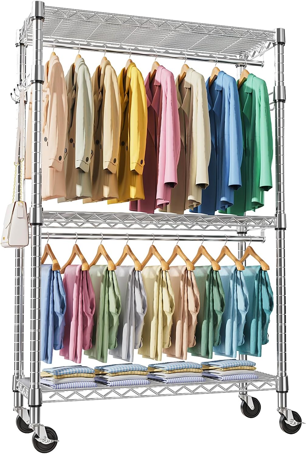 Heavy Duty Rolling Garment Rack 3 Tiers Adjustable Wire Shelving Clothes Rack with 2 Rods and Side Hooks, Storage Closet Clothing Rack with Wheels Chrome 17.7