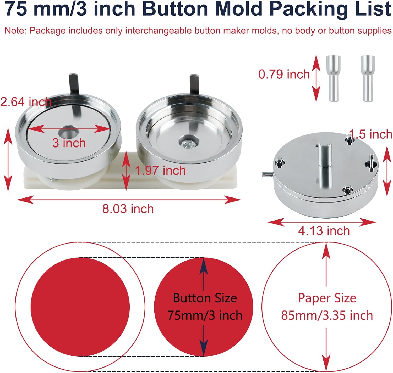 3 inch/75mm Button Maker Mold - Interchangeable Die Mold for Slide Rail Button Maker Machine - Silver Metal & Resin - 1 Piece