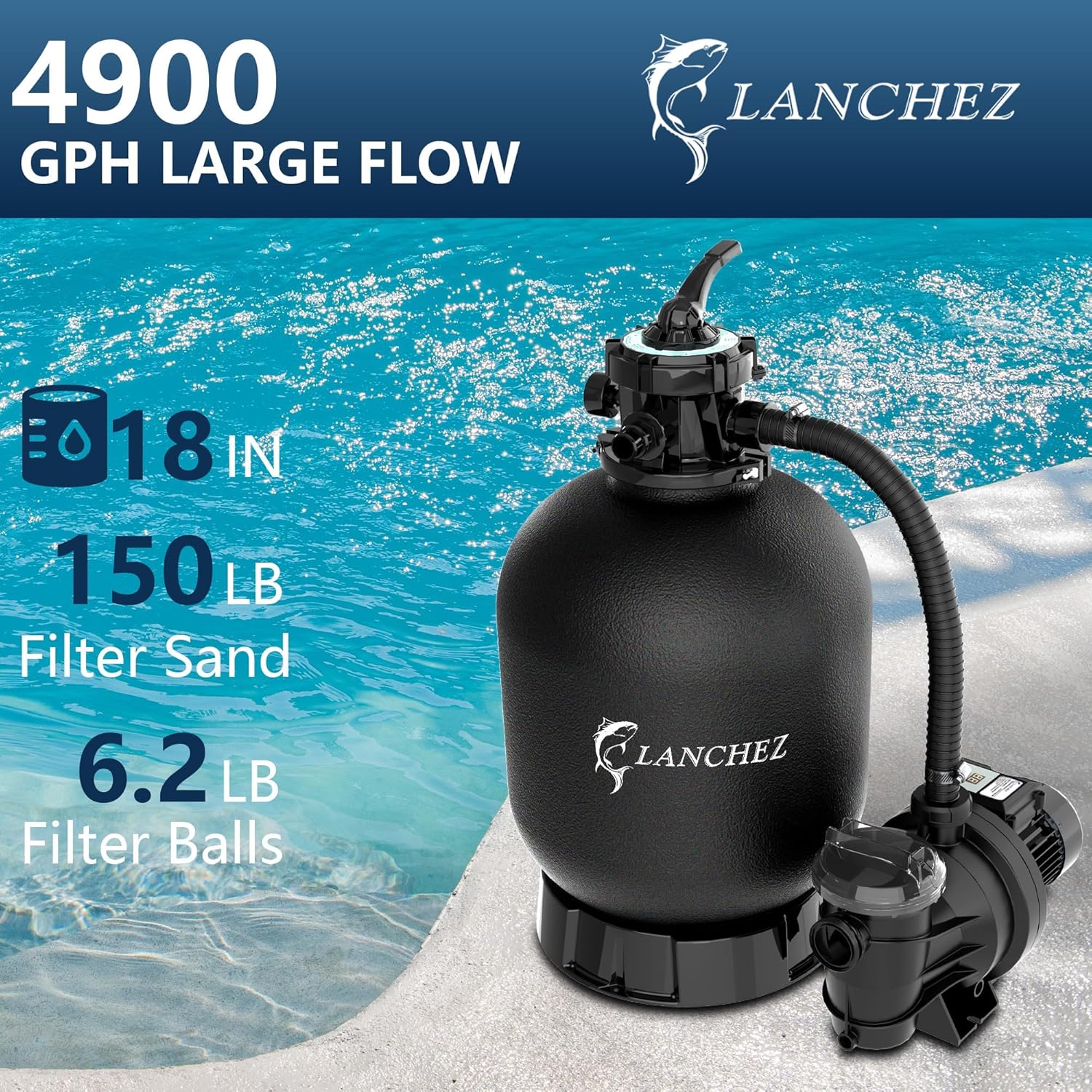 LANCHEZ 18in Sand Filter Pump for Above Ground Pool with Timer, 1.5HP, Max 4900GPH for Pools Up to 20000GAL, 6-Way Valve Pool Sand Filter System, Enhanced Circulation for Crystal-Clear Pool