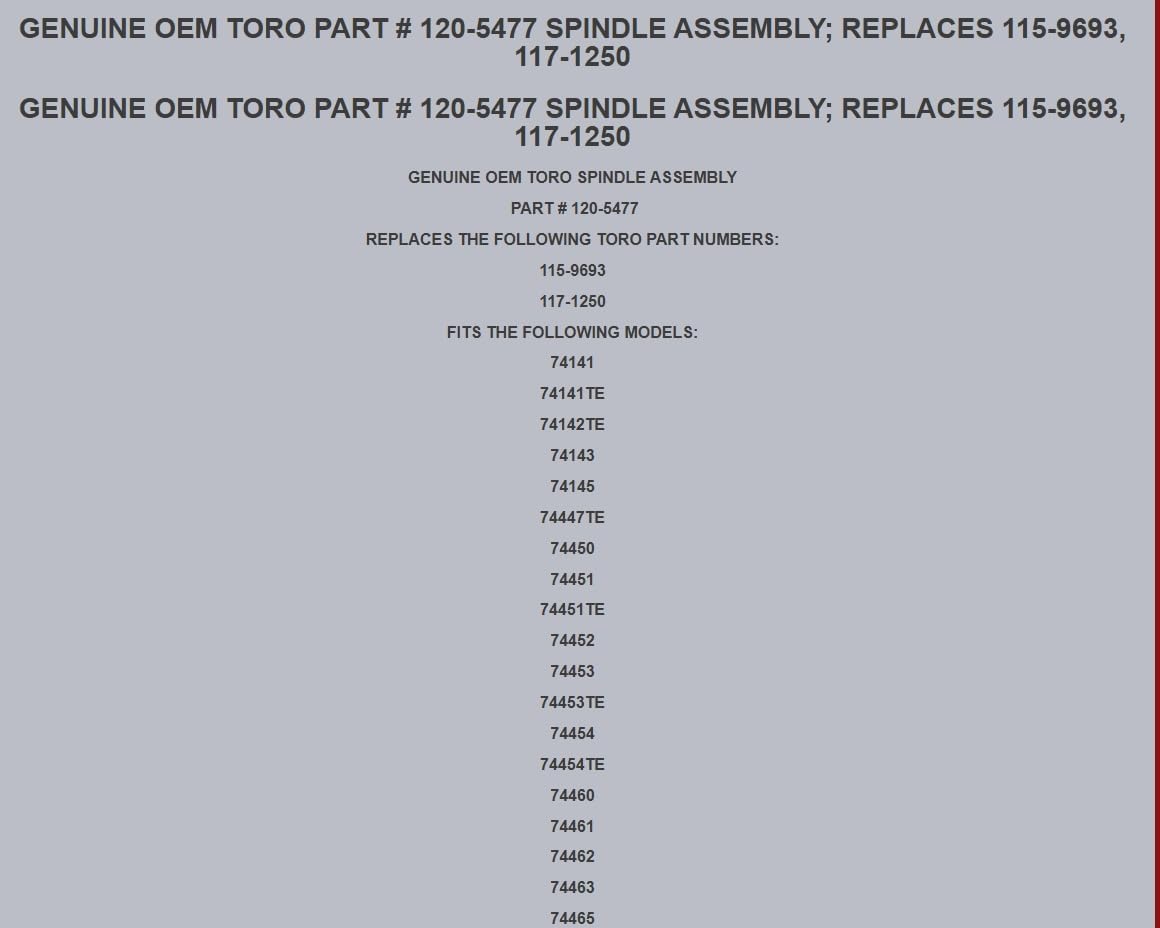 Replacement for TORO GENUINE PART # 120-5477 SPINDLE ASSEMBLY; 115-9693, 117-1250 OEM