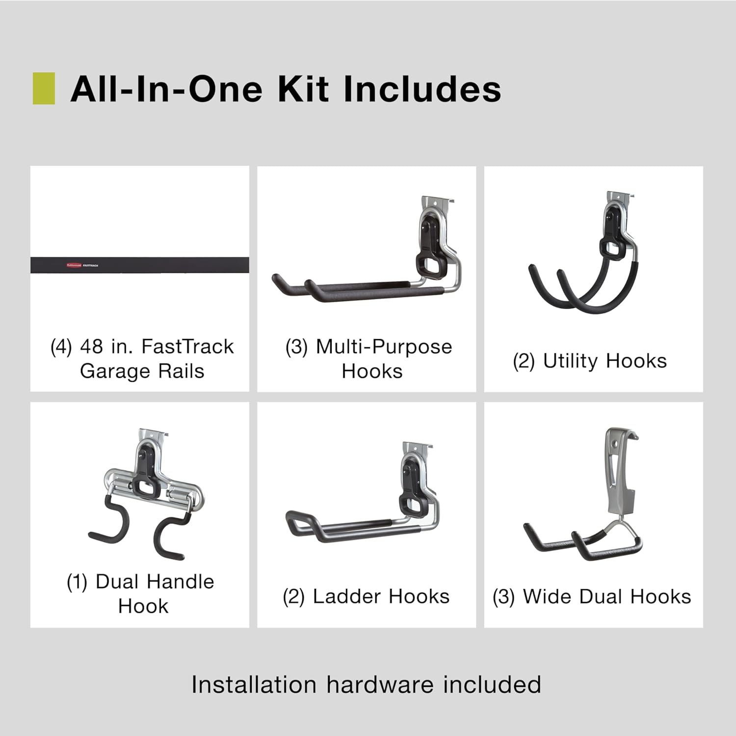 Rubbermaid 15-Piece FastTrack Garage Wall-Mounted Storage Kit, 4 Rails and 11 Hooks, for Home/House/Tool/Sports/Equipment/Utility Purposes