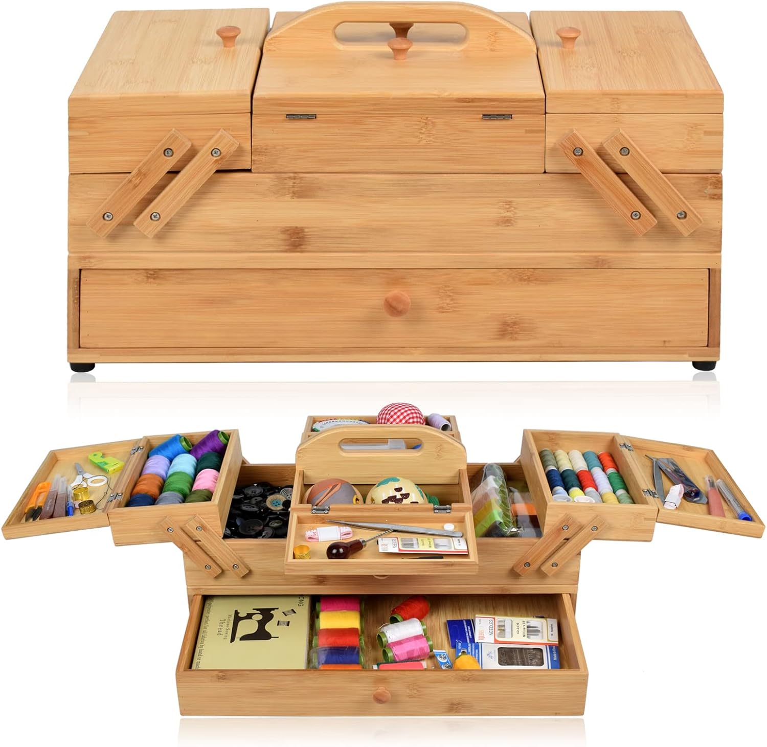Wooden Sewing Box Organizer for Sewing Supplies,Sewing Crafting Hobby Storage Box, 3 Tier Drawers for Craft Tools, Needles Assorted
