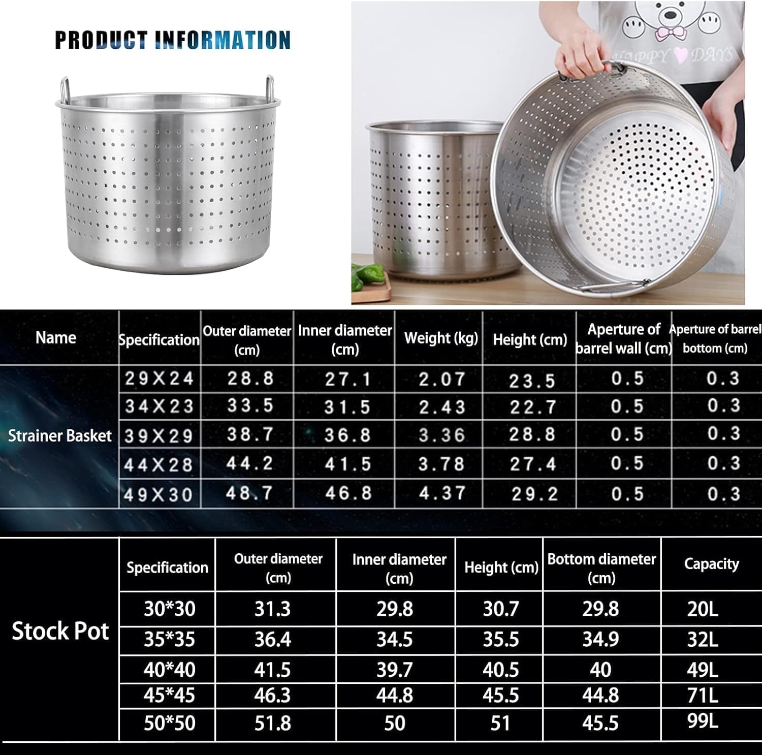 Stainless Steel Boiling Pot Heavy Duty Stockpot with Perforated Basket and Lid Stock Pot for Tamales Steaming Boiling & Frying(45x45cm)