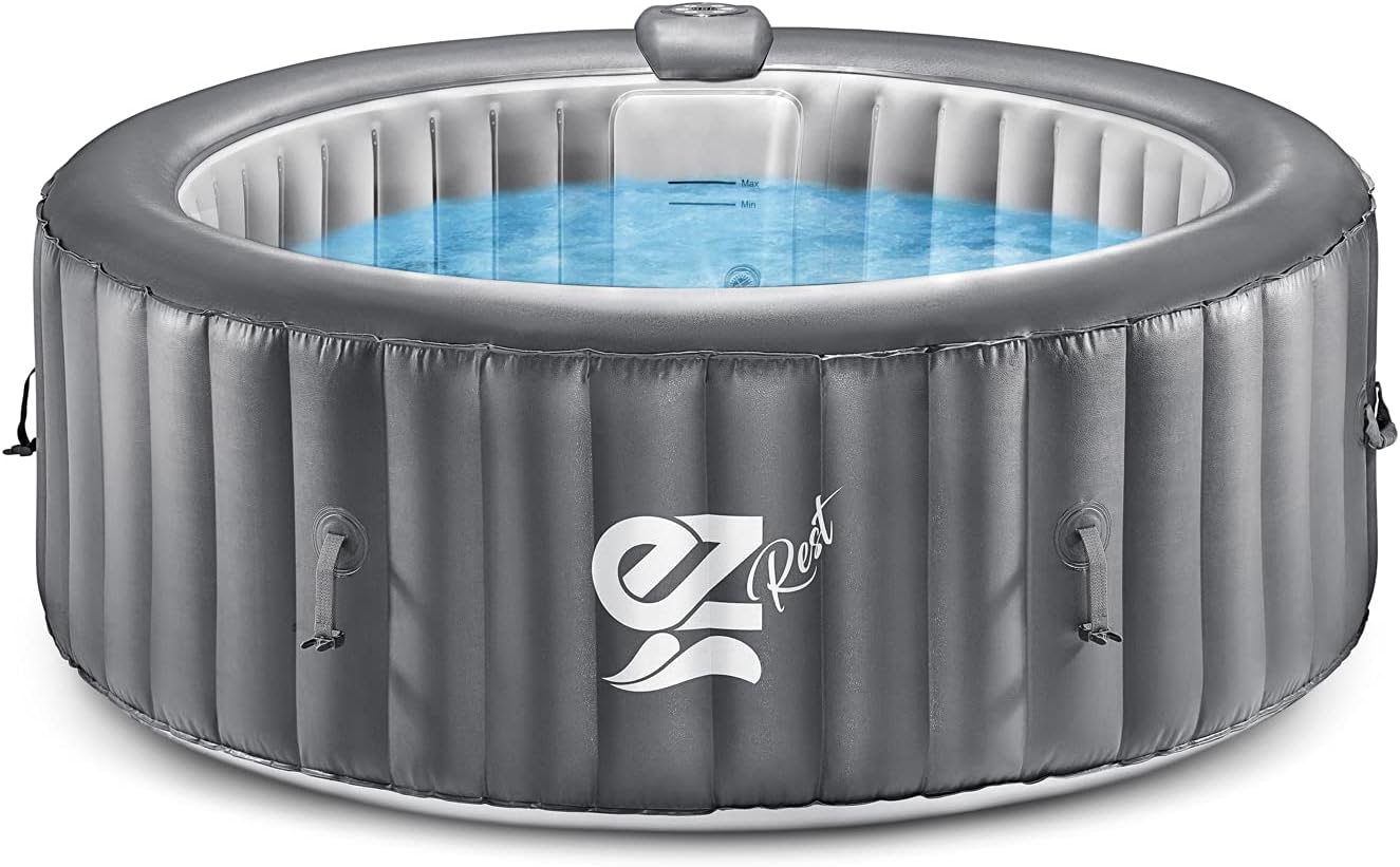 SereneLife Portable Inflatable Hot Tub Spa, 4-Seat Round Heated Pool with 100 Air Jets, Digital Panel, Remote Control, LED Color-Changing Lights and Cover – Ideal for Relaxation and Sleep Support