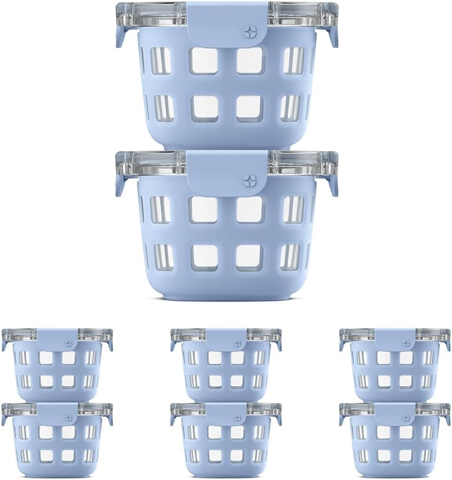Ello Duraglass 8-Pack 2 Cup Reusable Glass Container Jar with Leak Proof Lids and Protective Silicone Sleeves | Perfect for Overnight Oats, Snacks, Yogurt | BPA-Free | Dishwasher Safe | Halogen Blue