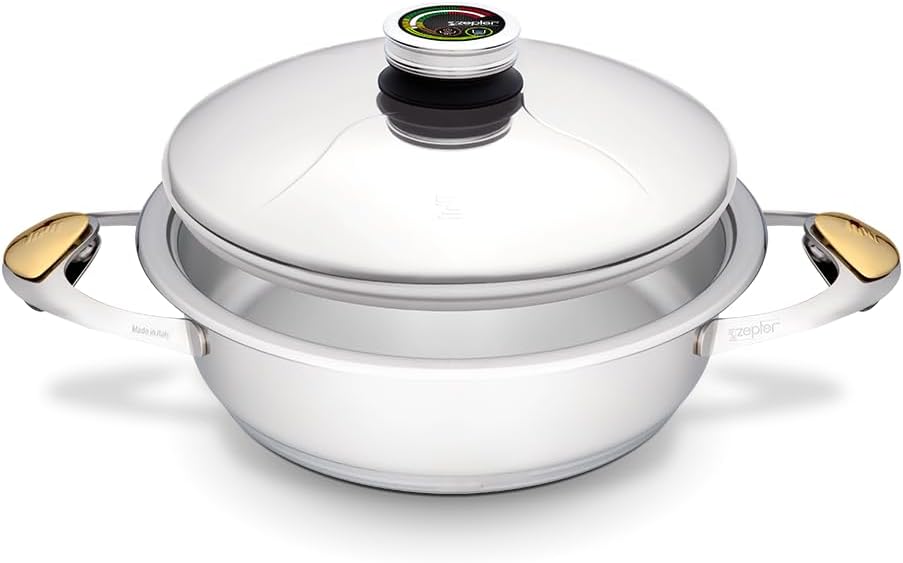 Zepter URA Masterpiece stainless steel cookware. 3Qt safe nonstick pan, dutch oven & casserole w/lid. 3ply bottom. 9.5in Ø sauce pans. Induction, dishwasher & oven safe pan. Kitchen pots made in Italy