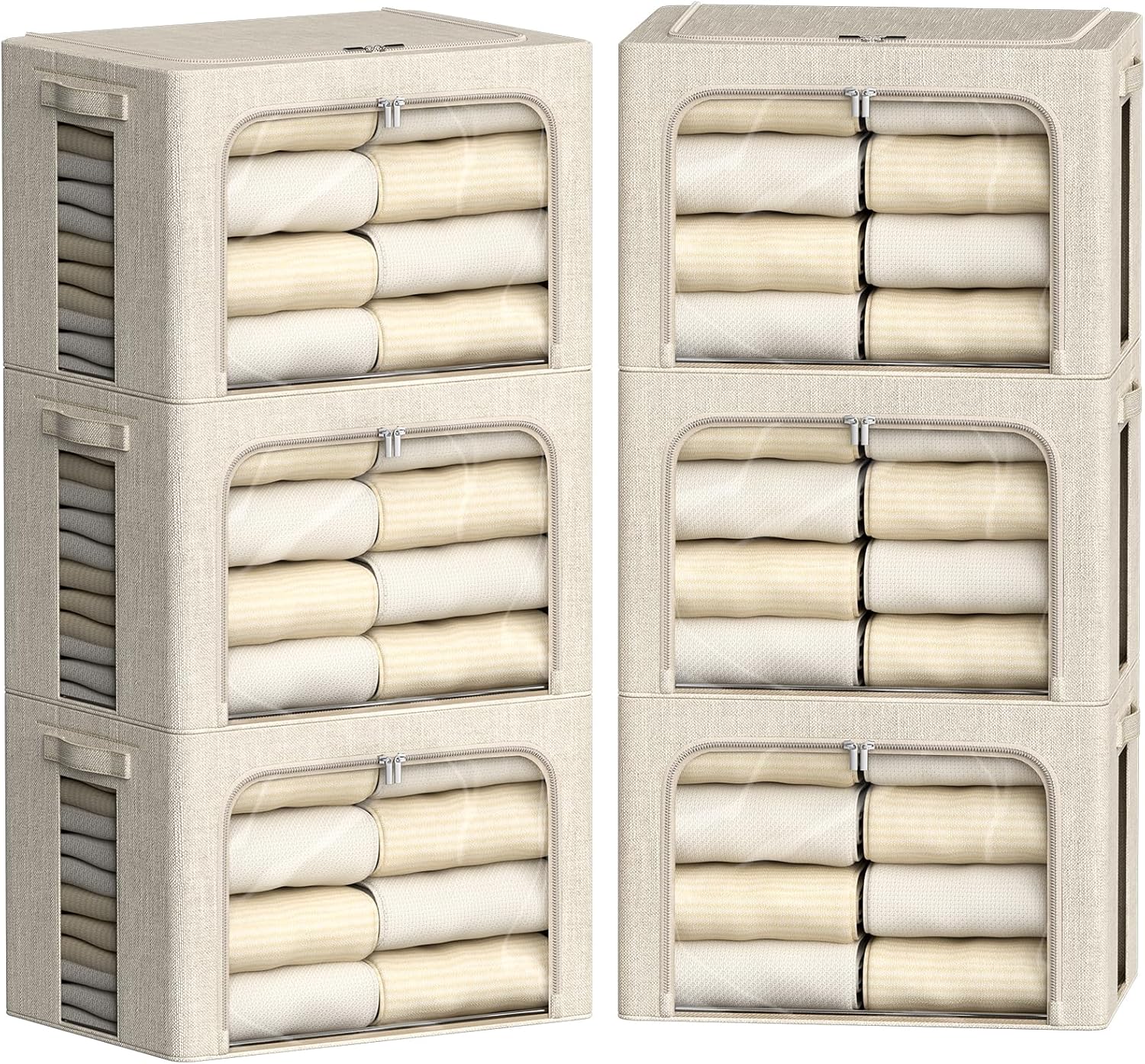 FHSQX 6 Pack Clothes Storage Bins with Metal Frame 100L Foldable Storage Bins for Clothes Linen Fabric Storage Box with Clear Window (Lvory White, 23.6x16.5x15.7inch(100L))