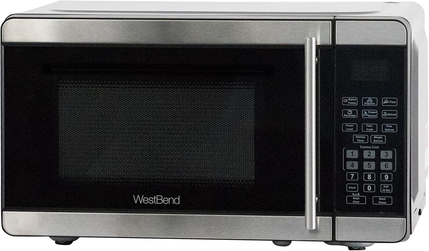 West Bend Microwave Oven 700-Watts Countertop Compact Footprint with 6 Pre Cooking Settings, Speed Defrost, Electronic Control Panel and Glass Turntable Perfect for Small Spaces, 0.7-Cu.Ft., Metallic