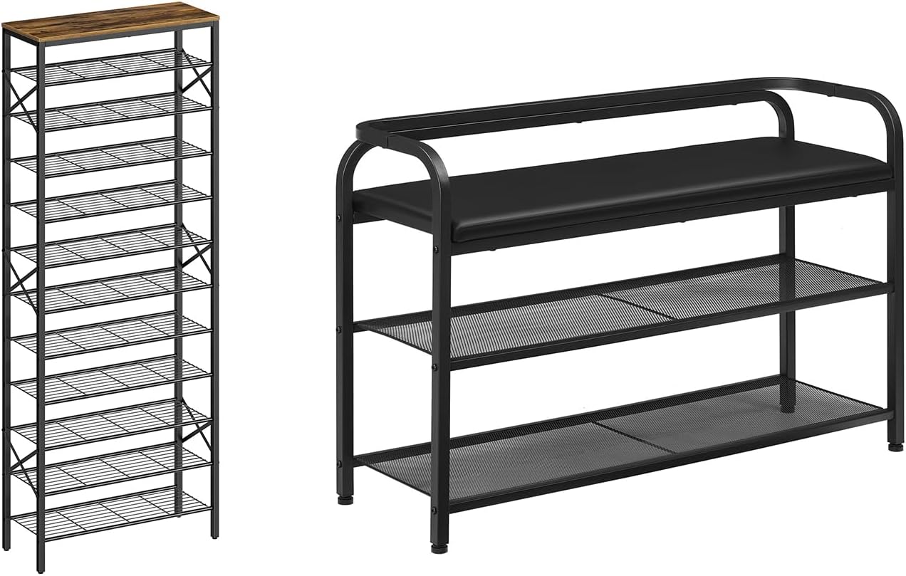 12 Tier Shoe Rack, Large Capacity Shoe Storage Organizer, Shoe Bench with Backrest, Entryway Bench, SS12BR-HX14BB