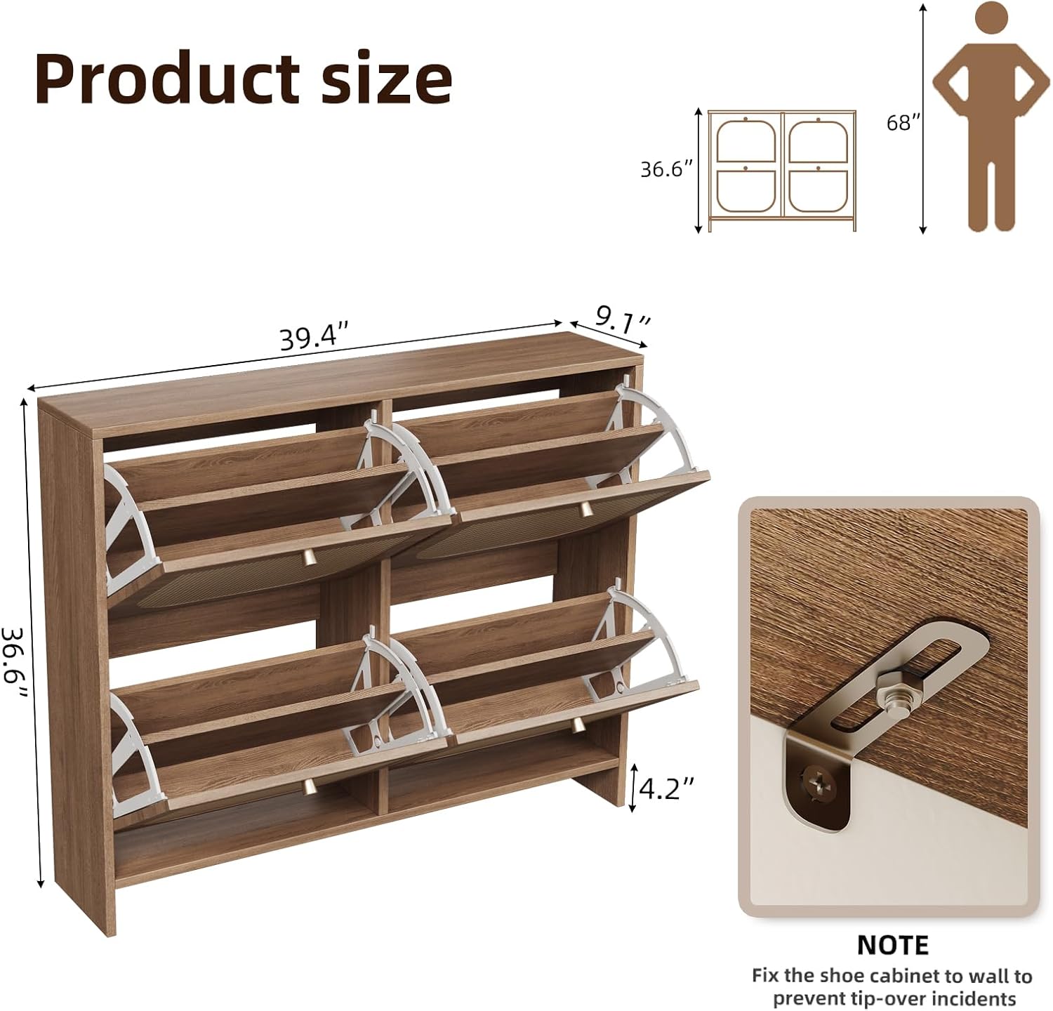 Nicetree Shoe Cabinet Storage for Entryway, Narrow Slim Shoe Organizers with 4 Flip Drawers, Freestanding Large Shoe Rack with 3-Tier Adjustable Shelves for Hallway