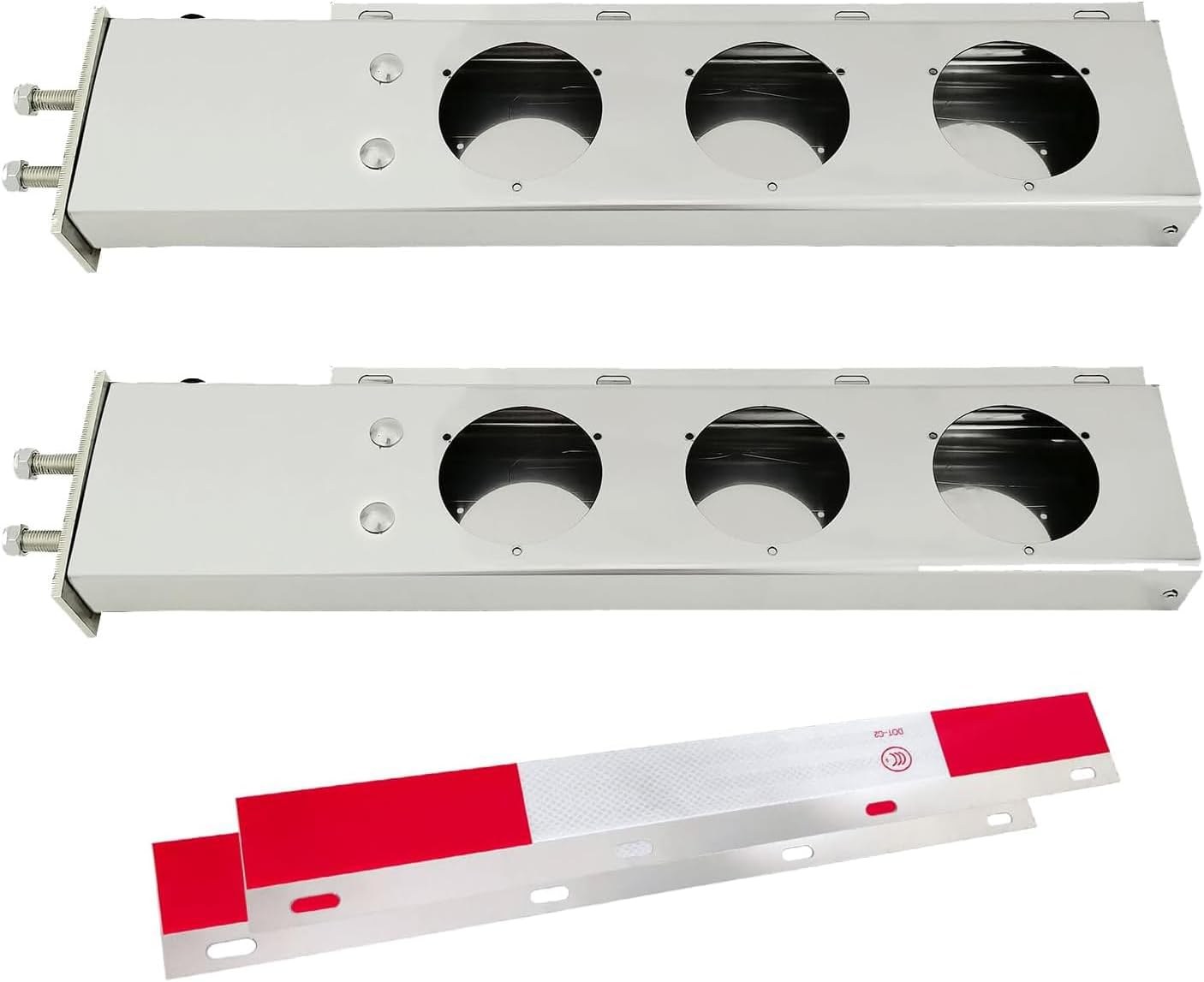 Stainless Steel Spring Loaded Mud Flap Hangers for Semi Trucks Rear Bar with Light Cutouts and Reflective Plate 2.5 Inches Bolt Spacing (Circular Hole)