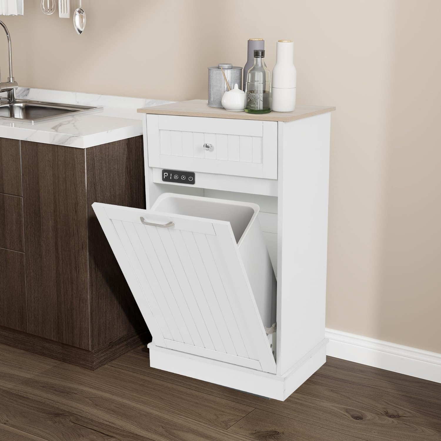 Kitchen Tilt Out Trash Cabinet with Deodorising Function-Free Standing Waste Bin-Wooden Recycling Trash Can Cabinet with Drawer-White