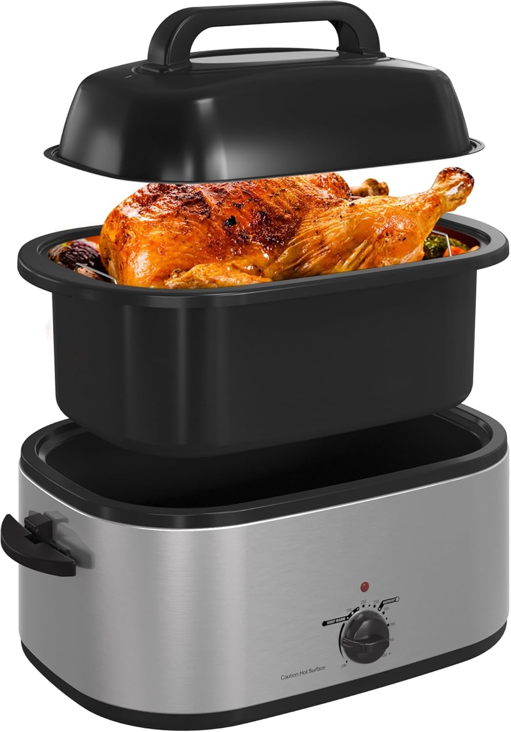 RoyalCraft 22-Quart Electric Roaster Oven with Visible Self-Basting Lid, Turkey Roaster Oven with Removable Pan and Rack, Perfect for Large Meals and Holiday Feasts, Silver