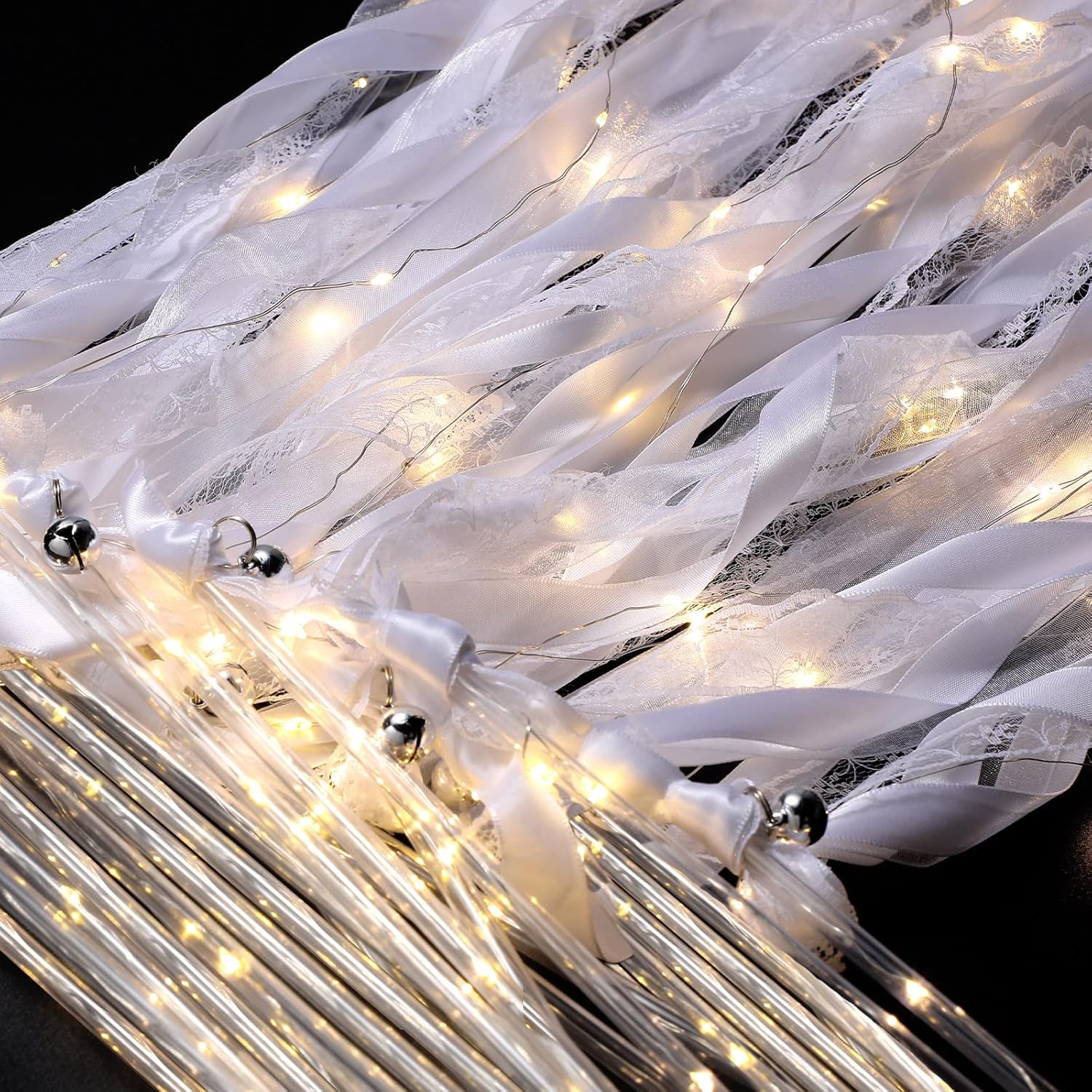 Unittype Wedding Wands Ribbon Streamers with Bells LED Fairy Light up Silk Fairy Wand Glow in the Dark Flashing Lace Stick for Wedding Birthday Party Favors (Ivory & Warm White LED,100 Pieces)