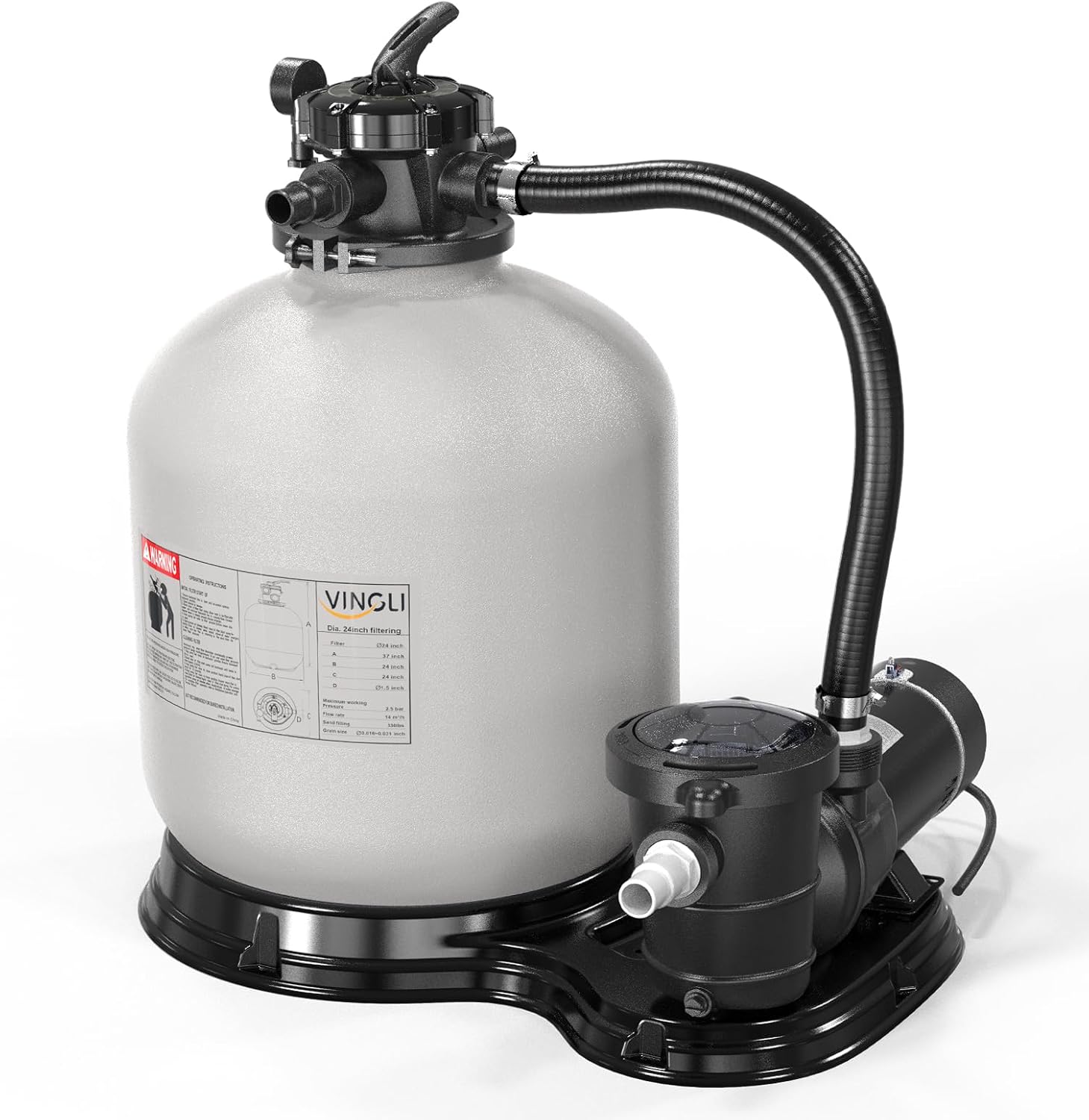 VINGLI Sand Pool Filter 24in Tank With A 1.5 HP Pump 115V Above Ground Pool Pump with Filter Basket,5400 GPH