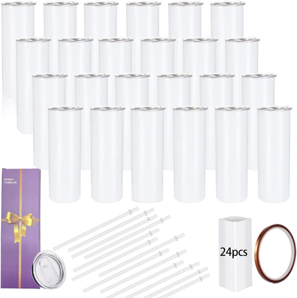 YOUKE OLA 24 Pack Sublimation Tumblers Straight Skinny Blanks 20oz for Heat Transfer, Individual Gift Boxed, Double Wall Insulated Tumbler with Shrink Wrap Films & Heat Tape & Straws, White