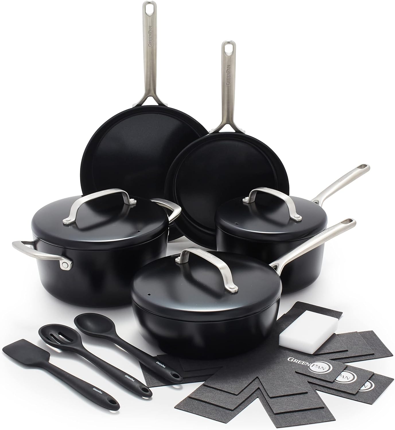 GreenPan GP5 Hard Anodized Healthy Ceramic Nonstick 14 Piece Cookware Pots & Pans Set, Heavy Gauge Scratch Resistant, Stay-Flat-Surface, Induction, Oven Safe, PFAS-Free, Black