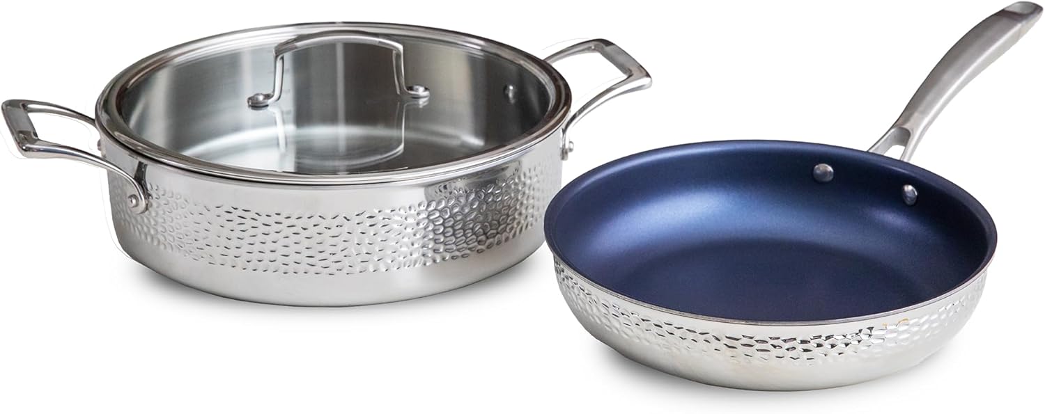 The Blue Jean Chef 3-Piece Stainless Steel Cookware Set, Hammered Finish, Tri-Ply Construction Clad Cookware, Nonstick; Induction, Oven & Dishwasher Safe